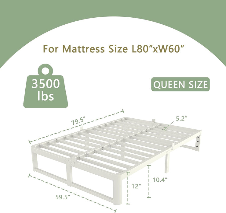 12 Inch Queen Bed Frame, Heavy Duty Steel, No Box Spring, White