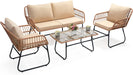 4 Piece Patio Bistro Outdoor Furniture Set, Wicker Sofa, 2 Rattan Chairs, and Table, Backyard Conversation Set, All Weather Cushions, Natural Rattan Beige Cushion