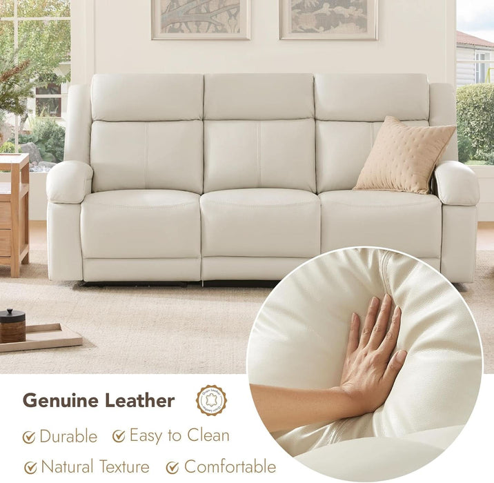 Genuine Leather Power Recliner Sofa, 3 Seater Wall Hugger Reclining Sofas with Power Headrest, USB & Typec Ports, Electric Recliner Couch Set for Living Room, Cream