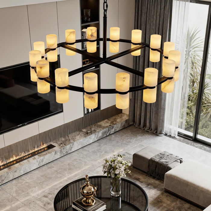 Alabaster round Chandelier, Natural Spanish Stone Texture Chandeliers, D31In round Chandeliers for Dining Room Chandelier Light Fixture for Kitchen Living Room Foyer Entryway Hallway (Black)