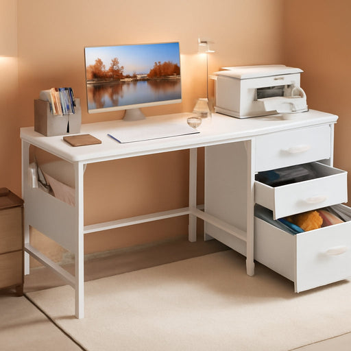 White Computer Desk with Fabric File Drawers Cabinet, 47 Inch Home Office Desks with Filing Cabinet for Small Space, Modern Writing Table PC Desks, White
