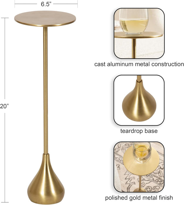 Hersi Decorative Modern Pedestal Drink Table; 7 X 7 X 20; Gold; Cast Aluminum Mini Table with Teardrop Base for Use as Small Plant Stand or Living Room Martini Table