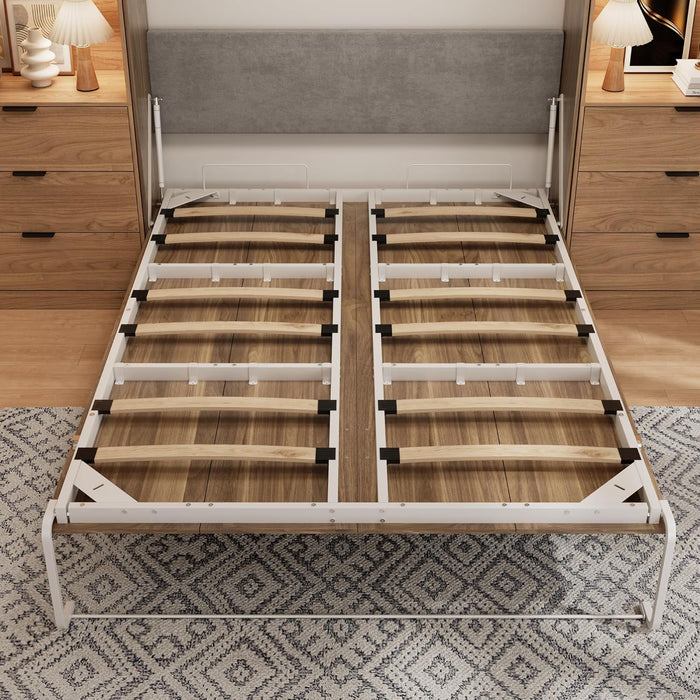 Queen Murphy Bed,Farmhouse Guest Beds,Folding Wall Bed with Hydraulic Bar,64" W Twin Murphy Beds with 2 LED Storage Cabinet for Small Spaces/Offices/Apartments/Guest Room,Brown+Walnut