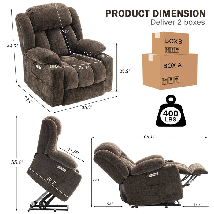 Power Lift Recliner Chair for Elderly , Massage Reclining Chairs with Heat & Vibration , Plush Fabric Heavy Duty Electric Sofa Home Living Room Chairs,Chenille Brown