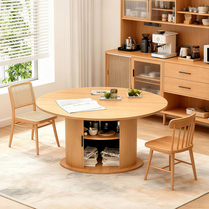 Extendable round Dining Table for 2-4-6, 63 Inch Dining Room Kitchen Table with 2-Tier Storage Shelf, Modern Farmhouse Fluted Wood Slide Door Dinner Furniture,Oval Circle (Oak-63 Inch)