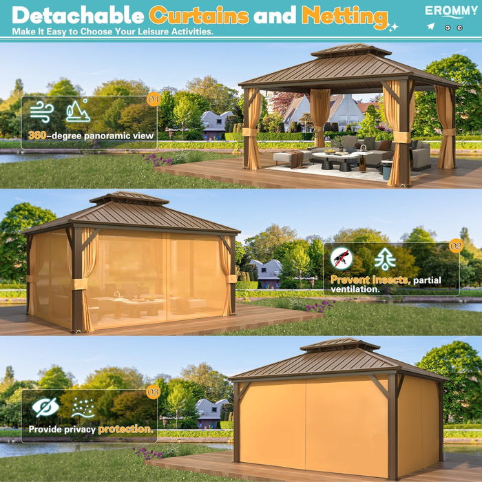 12x14 Hardtop Aluminum Gazebo Weatherproof Curtain Netting