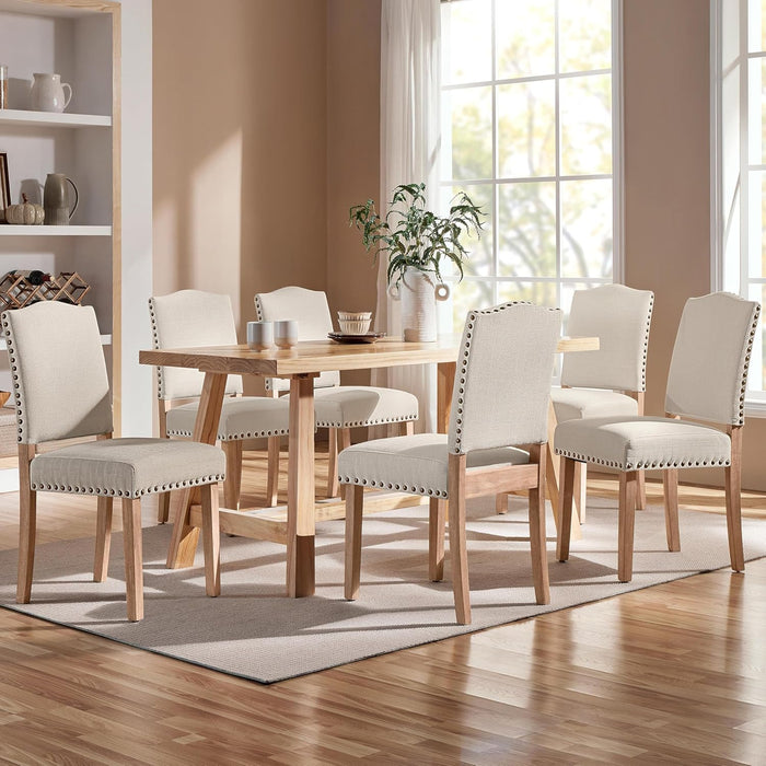 Upholstered Dining Chairs Set of 6 Classic Fabric Kitchen Chairs with Nailhead Trim and Wooden Legs for Dining Room/Living Room/Restaurant/Apartment, Beige