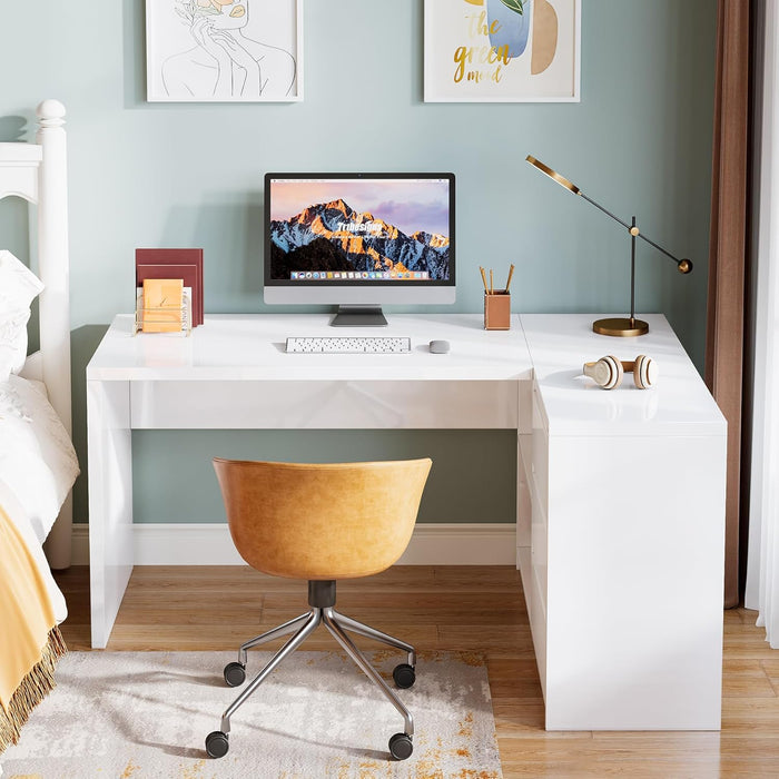 White L-Shaped Computer Desk with 3 Drawers, 55-Inch Modern Gloss Corner Home Office Executive Desk with LED Lights and 2 Storage Shelves for Work Study Writing