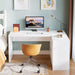 White L-Shaped Computer Desk with 3 Drawers, 55-Inch Modern Gloss Corner Home Office Executive Desk with LED Lights and 2 Storage Shelves for Work Study Writing