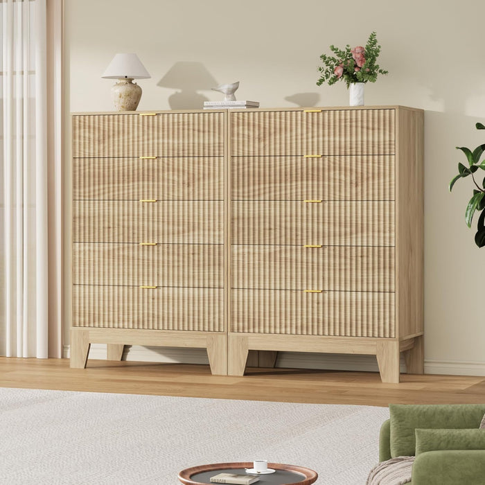 5 Drawer Dresser for Bedroom, 47" Tall Fluted Chest of Drawers with Metal Handle, Modern Wooden Dresser TV Stand, Clothes Storage Organizer Wood Closet for Hallway, Entryway, Natural Oak