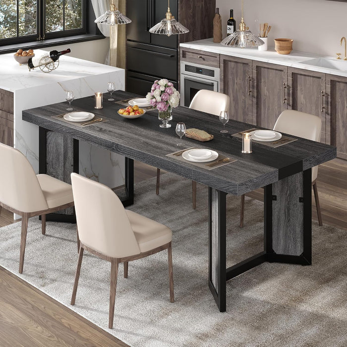 Industrial Dining Table for 6-8 People, 71" Large Long Wooden Kitchen Table with Sturdy Metal Frame & Brown Finish, Rustic Style Rectangular Dinner Table for Dining Room, Kitchen (Oak Gray)