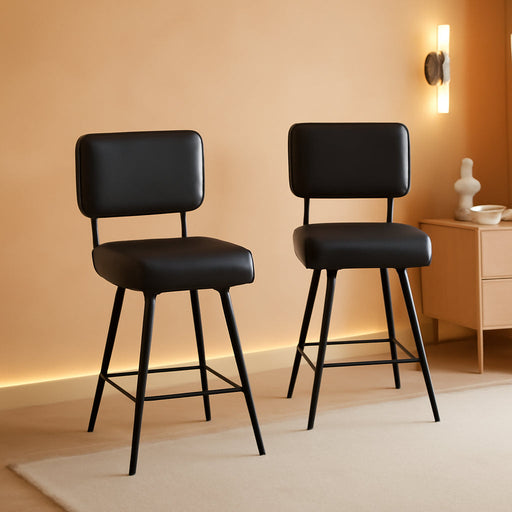 26" Swivel Bar Stools Set of 2, Upholstered PU Leather Barstools with Wood Backs and Metal Legs, Counter Height Barstool for Kitchen Island & Outdoor Bar Stools, Black