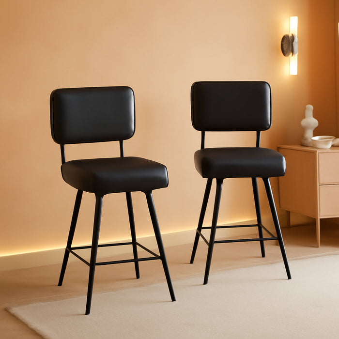 26" Swivel Bar Stools Set of 2, Upholstered PU Leather Barstools with Wood Backs and Metal Legs, Counter Height Barstool for Kitchen Island & Outdoor Bar Stools, Black