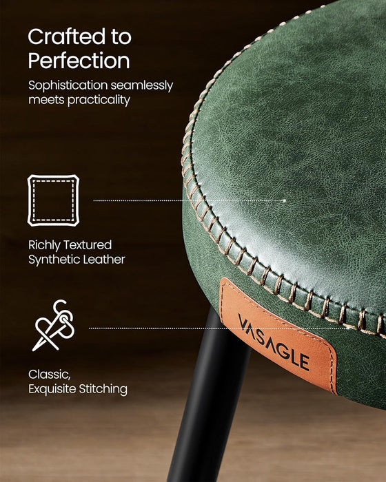 EKHO Collection - Dining Chairs Stools Set of 2, Upholstered Kitchen Stools, Vanity Stools, Synthetic Leather with Stitching, Mid-Century Modern, 19-Inch Tall, Easy Assembly, Forest Green