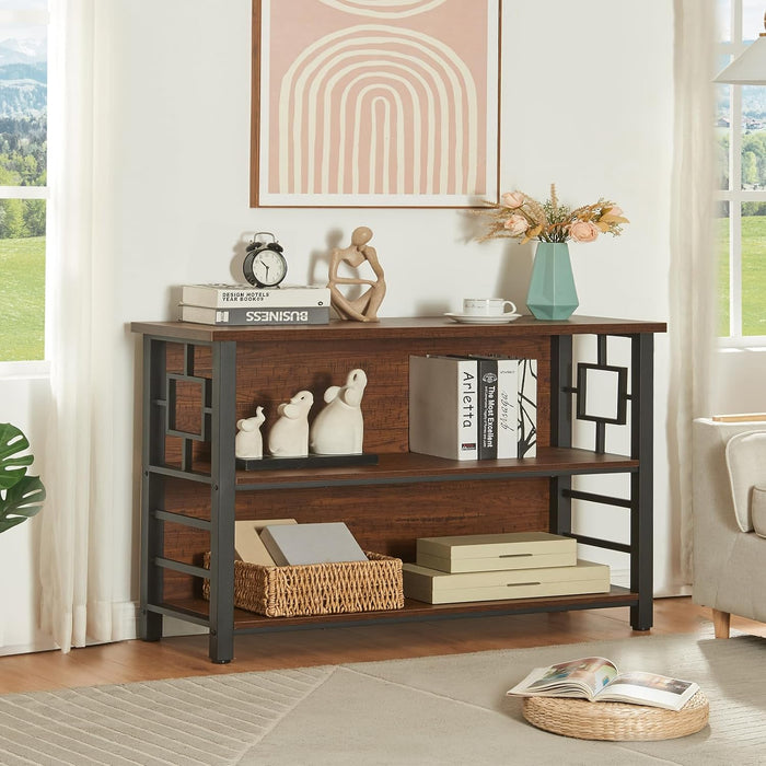 Book Shelf, 3 Tier Long Bookshelf with Storage, Engineered Wood and Metal Shelf Bookcase, Low Short Bookcases for Small Space, Living Room, Bedroom, Office, Rustic Brown