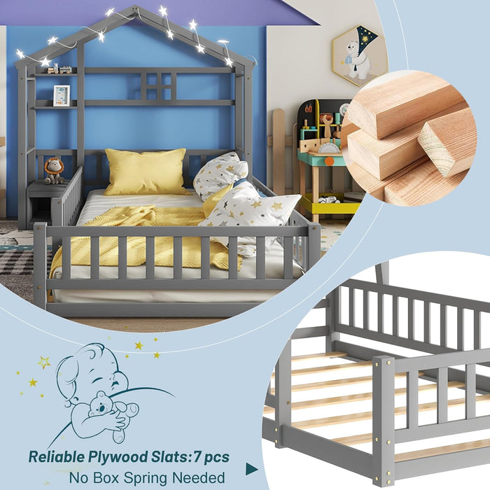 Twin House Bed With Fence Railings GrayFinishPineWood