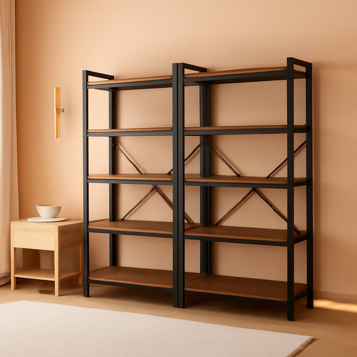 5 Tier Bookshelf, Display Bookshelf with 10 Open Shelves and Raised Baffle, 47.2 Inch Straight Wide Bookcase with Metal Frame and Wooden Board, Adjustable Feet, Rustic Brown