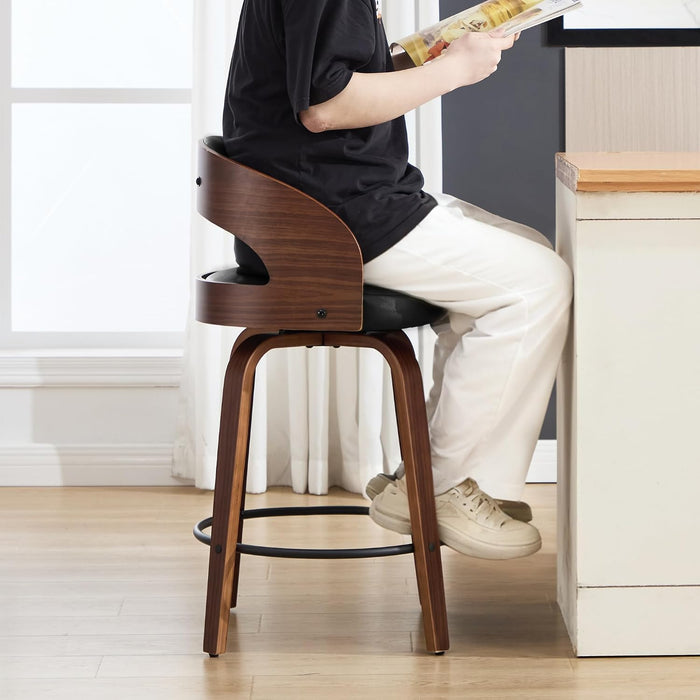 Swivel Bar Stools Set of 2,26" Faux Leather Upholstered Counter Height Barstools with Back,Mid-Century Modern Bar Chairs with Bentwood Legs and Footrest for Kitchen Island Bar Counter Black