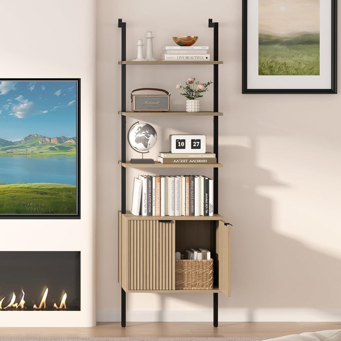 73" Tall Bookshelf with Cabinet, Industrial Ladder Wall Mount Shelf Bookcase with Wood and Metal Frame, Plant Shelf Wall Storage Display for Living Room Bedroom, Wavy Light Ivory