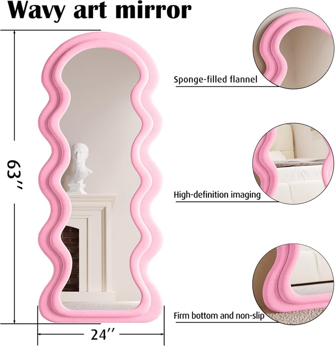 Full Length Mirror 63"X24", Irregular Wavy Mirrors, Wave Arched Floor Mirror, Wall Mirror Standing Hanging or Leaning against Wall for Bedroom, Flannel Wrapped Wooden Frame Mirror-Pink