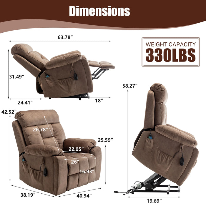 Oversized Electric Massage Lift Chair, Large Power Lift Recliner with Heat Therapy, Fabric Reclining Sofa with Remote, Hidden Cup Holder and Side Pocket for Elderly Seniors, Antique Brown