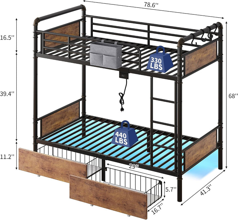 Metal LED Bunk Bed Twin over Twin with 2 Storage Drawers, USB Charging Station, Industrial Bunkbeds Heavy Duty Bed with Safety Guardrail and Ladder, No Box Spring Needed, Vintage Brown