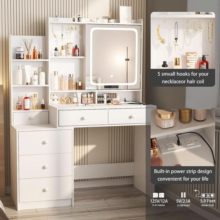 Vanity Desk with Mirror and Lights,Makeup Vanity with 6 Drawers and Shelves,Dressing Table with Power Outlet,Makeup Desk with Led Lighted Mirror in 3 Colors,For Bedroom,White