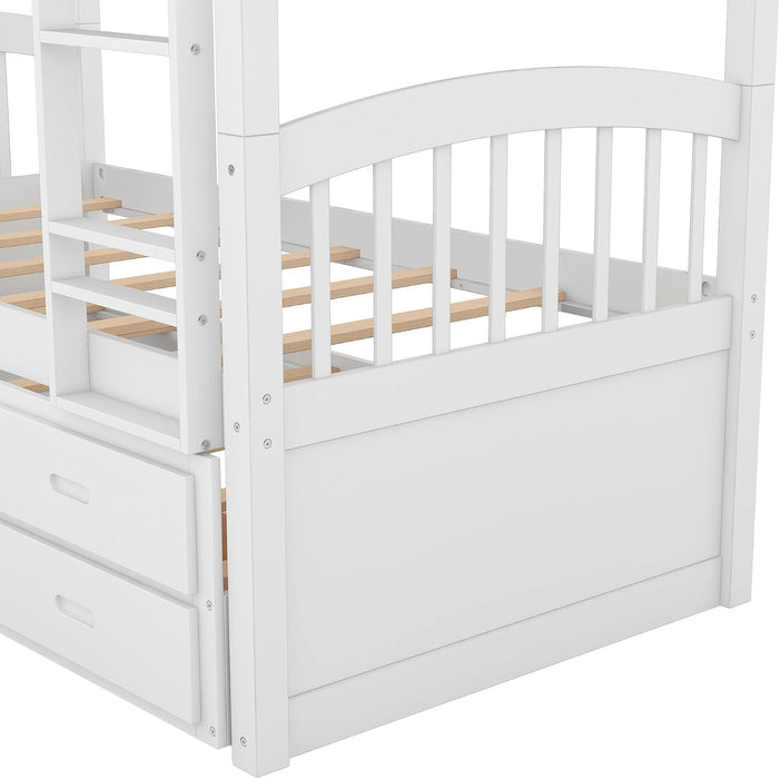 Harper&Bright Designs Twin over Twin Bunk Bed with Safety Rail, Ladder, White Twin Trundle Bed with 3 Drawers for Kids, Teens Bedroom, Guest Room Furniture