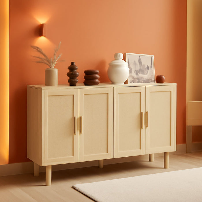 Sideboard Buffet Cabinet, Kitchen Cabinet, Coffee Bar Cabinet with 4 Rattan Doors and Adjustable Shelves, Natural