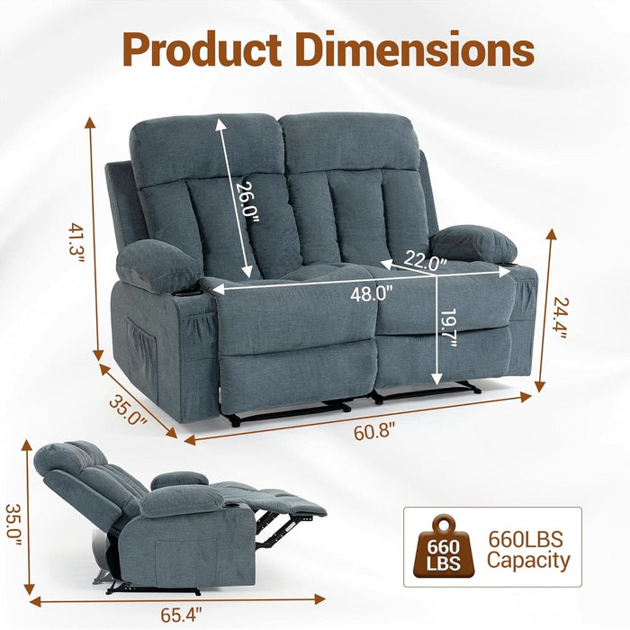 Reclining Loveseat with Cup Holders, 2 Seats Manual Recliner Chair, Comfy Love Seat Sofa Couch for Living Room, Home Theater, Office, Blue