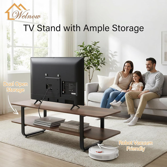 Walnut TV Stand for 65" TV, Mid Century Modern Entertainment Center with 2-Tier Open Shelves, Versatile Modern TV Console & Table for Living Room & Gaming