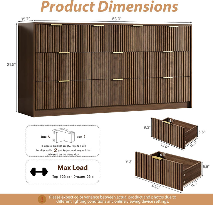 63" Wide Fluted 10-Drawer Dresser for Bedroom, Walnut