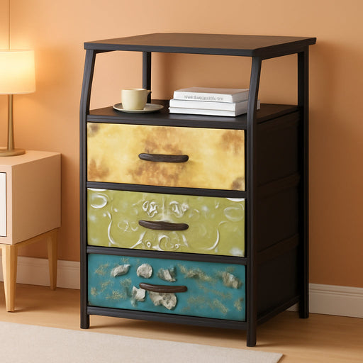 Retro Night Stand with 3 Drawers and 2-Tier Shelf, Small Nightstand Side Table, Vintage Storage Dresser for Bedroom, Fabric Drawer Organizer for Closet, beside Furniture