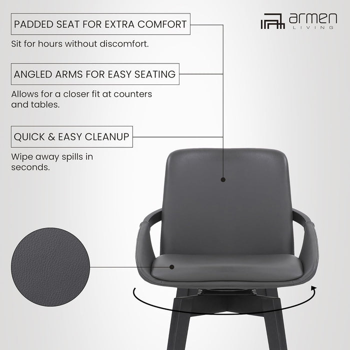 Baylor Mid Century Modern Swivel Bar Stool for Kitchen Island Counter in Gray Faux Leather and Black Wood, 26" Seat Height