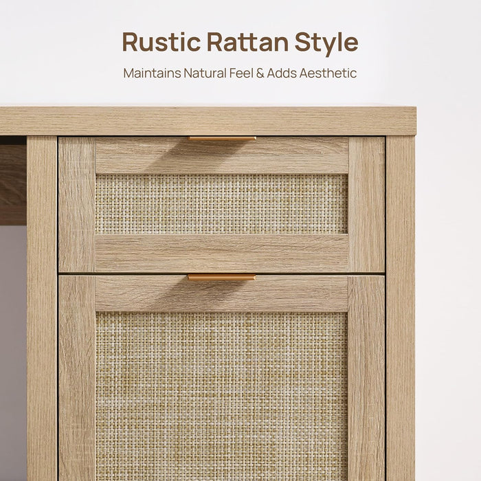 Rattan Home Office Desk with Drawer, 59" Farmhouse Boho Executive Desk with Storage Cabinet, Large Computer Writing Table Vanity Desk for Office, Study, Living Room, Light Oak