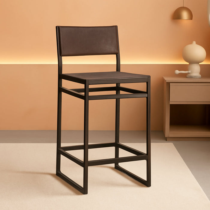 Faux Leather Counter Height Bar Stools Set of 2, Sling Armless Kitchen Barstools with Back and Metal Frame, 24" H Seat Height Counter Chairs, Grey