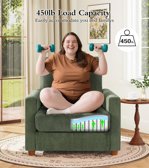 35.5In Corduroy Sofa Accent Chair, Tool-Free Setup Living Room Couch Accent Chairs, Reading Chair for Bedroom 22.5In Extra Deep Seats, Comfy Arm Chairs for Office, All-Wood Reading Nook Green