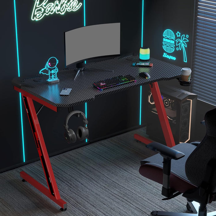 Gaming Computer Desk with Carbon Fiber Surface, Gaming Table Z Shaped Pc Home Office with Cup Holder&Headphone Hook(44 In, Red)