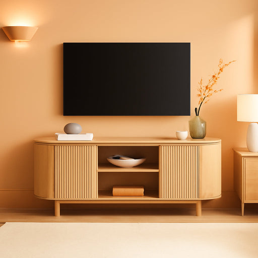 Chloe Curved Reeded TV Stand, Sliding Doors, 65 Inch, 60 Inch, Coastal Oak