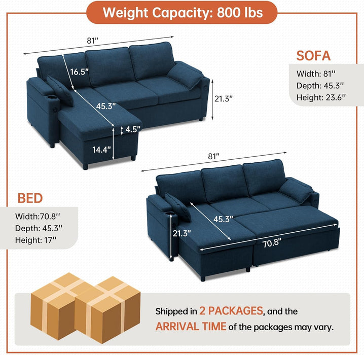 Cerulean Linen Convertible Sleeper Sofa With Pullout