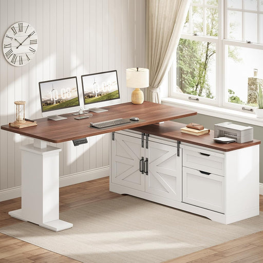 Farmhouse L Shaped Standing Desk, 55 Inch Height Adjustable Corner Desk with Storage Drawers, Standing Computer Desks with Power Outlets for Home Office, White