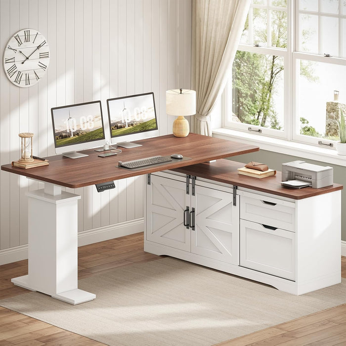 Farmhouse L Shaped Standing Desk, 55 Inch Height Adjustable Corner Desk with Storage Drawers, Standing Computer Desks with Power Outlets for Home Office, White