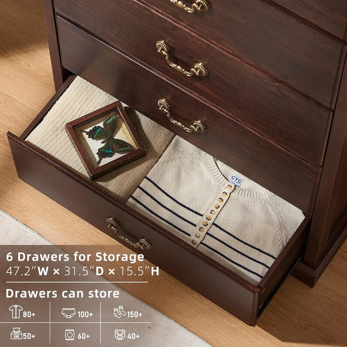 6 Drawer Dresser,Farmhouse Wood Chest of Drawers for Bedroom,47" Tall Dresser with Rustic Handles,Wood Drawer Organizer for Living Room,Hallway,Closet,Walnut