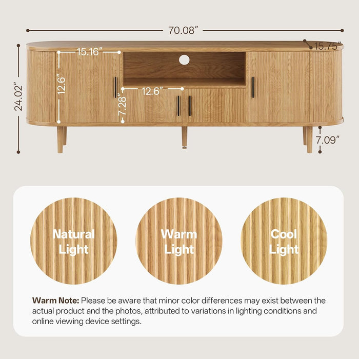 70" Fluted TV Stand, Mid Century Modern TV Stand for Tvs up to 80", Entertainment Center with Storage, Adjustable Shelves, Wood Media Console for Living Room, Bedroom, Natural