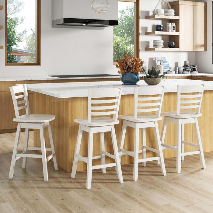 Wood Bar Stools Set of 2, 24.5" Swivel Counter Height Bar Stools with Slatted Hollow Back & Ergonomic Contoured Seat, Footrest, Farmhouse Wooden Barstools for Kitchen Island, Bar, Cafe, White