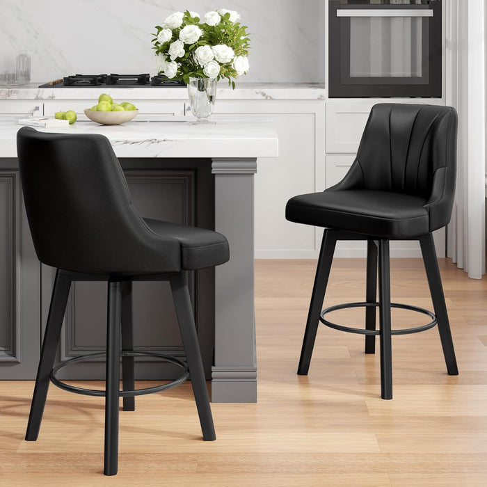 Counter Height Swivel Bar Stool, 24" Upholstered PU Leather Barstools Set of 4, Counter Stool Chair with Back & Solid Wood Legs for Kitchen Island Dining Room (Black)