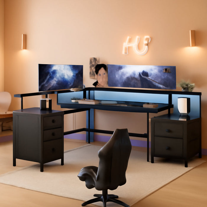 Black L-Shaped Desk with 6 Drawers & File Cabinet