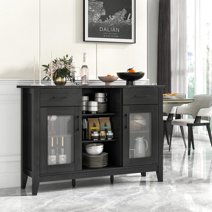Sideboard Buffet Cabinet with 2 Drawers, Kitchen Storage Cabinet W/2 Doors, Open Compartments, Shelves, Faux Marble Top, Modern Furniture for Living Room, Coffee Bar, Entryway (Black)