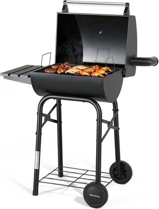 Barrel Style Charcoal Grill with Side Table, Adjustable Charcoal Rack, Air Vent and Warming Rack, Smoke Bbq Grill for Outdoor Patio Backyard and Camping