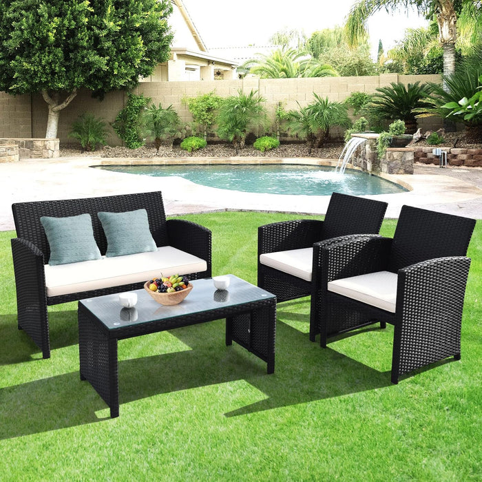 4-Piece Rattan Patio Furniture Set, Outdoor Wicker Conversation Sofa with Weather Resistant Cushions and Tempered Glass Tabletop for Lawn Backyard Pool Garden (White(Black Wicker))